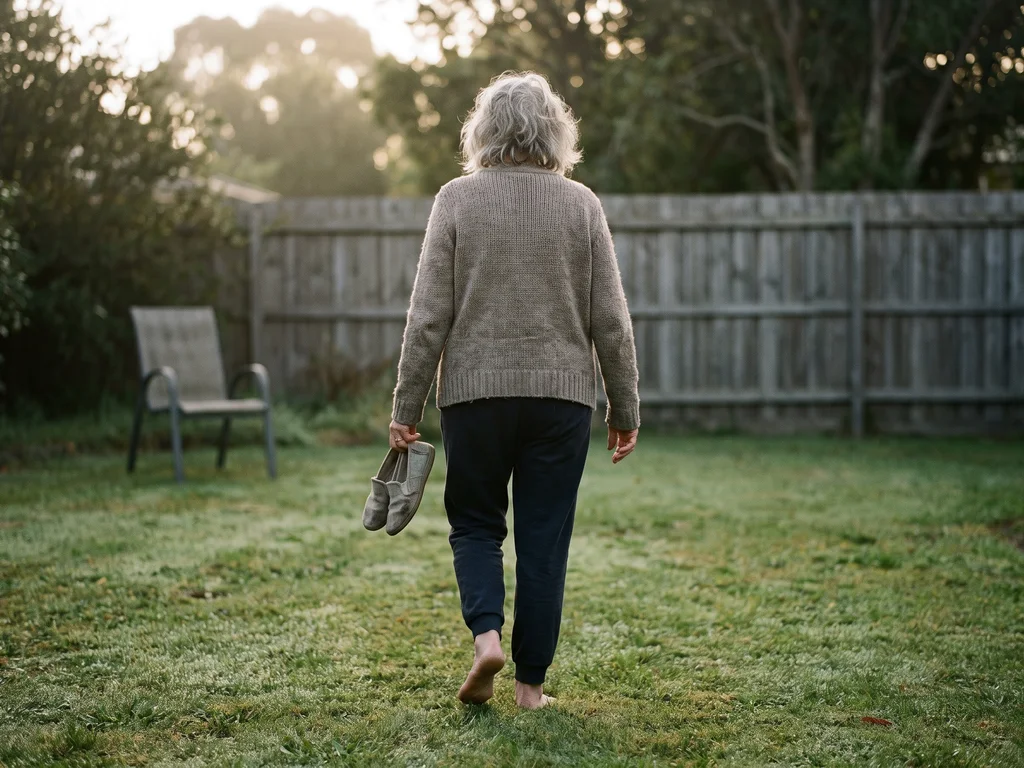 A woman walking barefoot across wet grass in the early morning, slippers in her hand, seen from behind