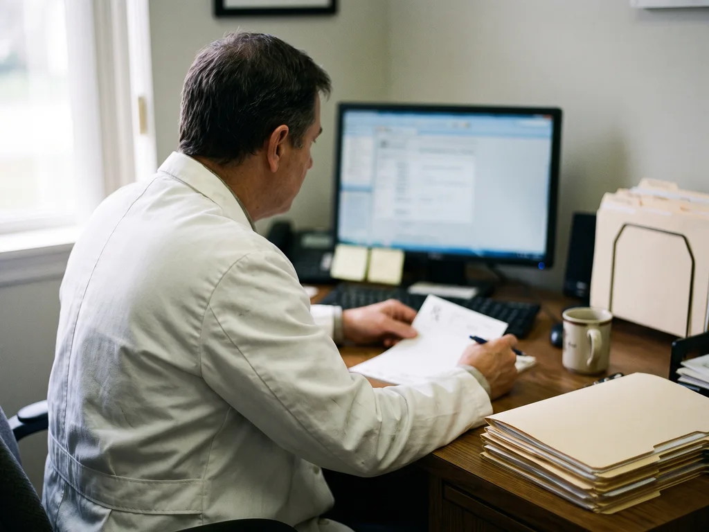 A doctor at his desk with one hand on a prescription pad, seen from behind