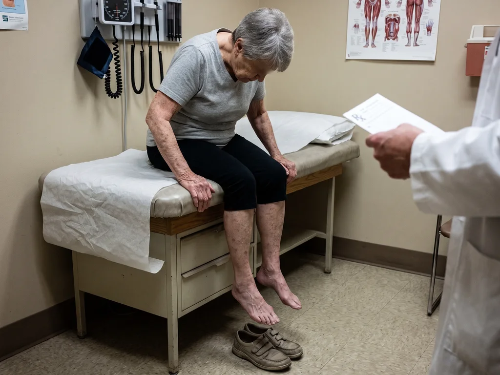An older woman on the edge of an exam table, shoes off, looking down at her bare feet