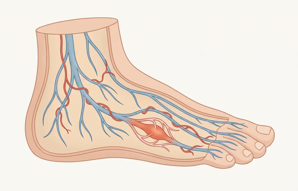 A diagram of the nerves and small blood vessels inside the foot, one nerve inflamed