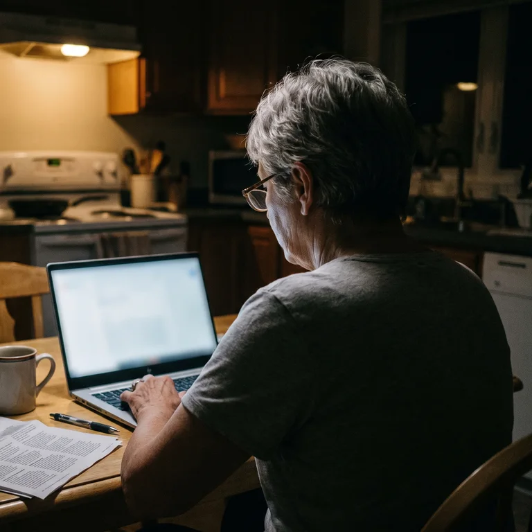 A woman at her kitchen table late at night with a laptop open, seen from behind