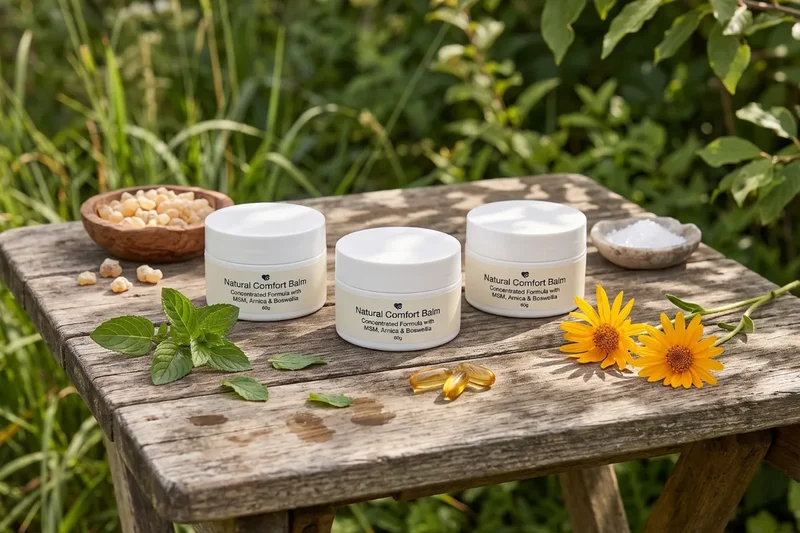Three jars of Nurovita Natural Comfort Balm on a garden table