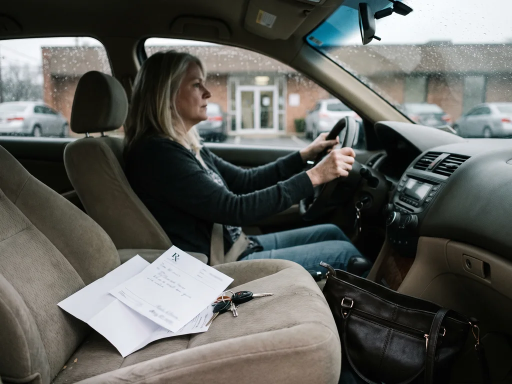 A woman alone in a parked car, both hands on the wheel, a folded prescription slip on the passenger seat