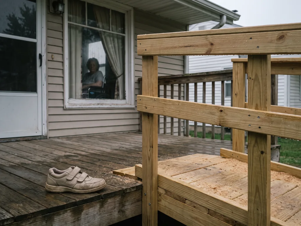 A single shoe beside a new wooden ramp on a front porch