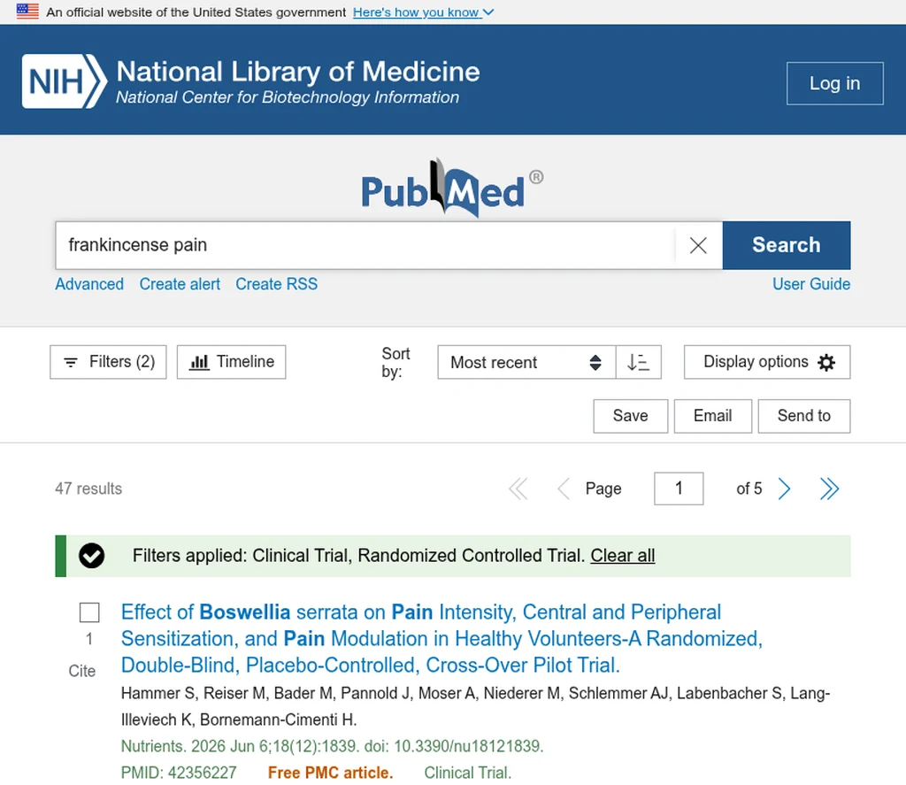 PubMed search for frankincense and pain filtered to clinical trials and randomized controlled trials, 47 results