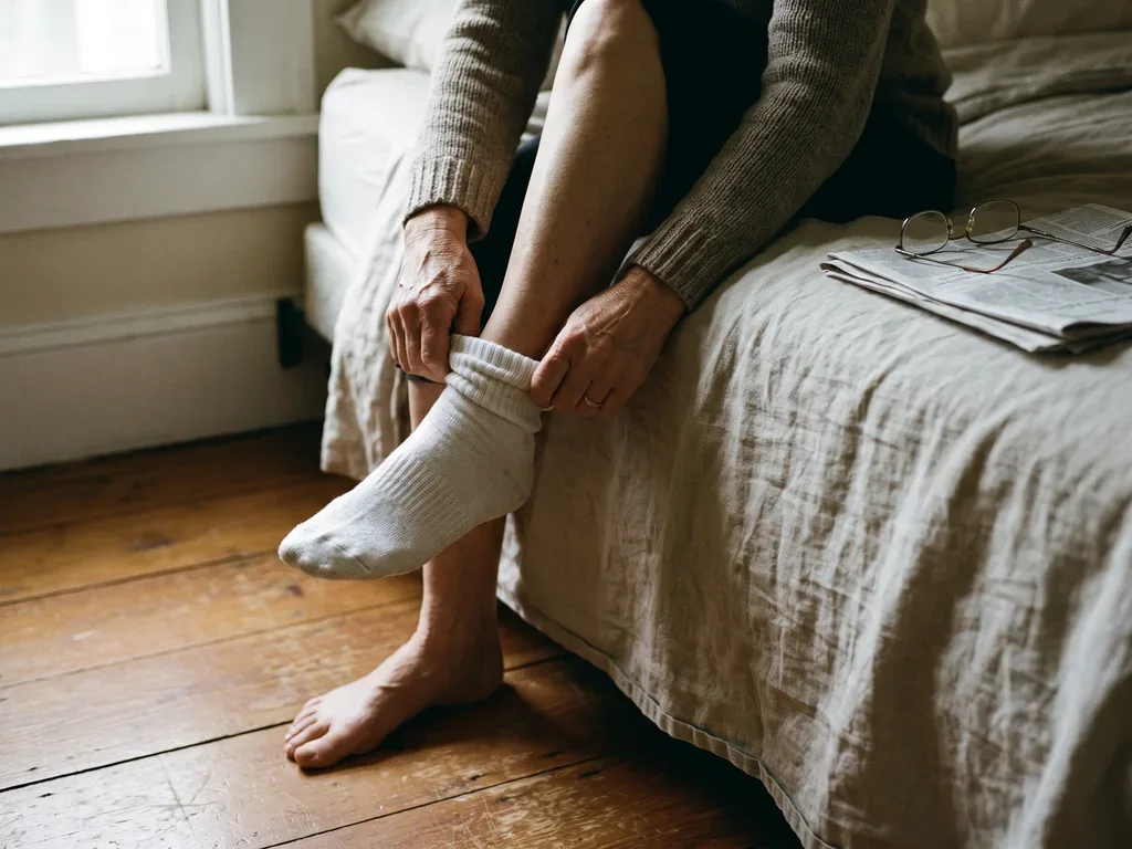 A woman on the edge of her bed in the morning pulling on a white sock, one foot still bare