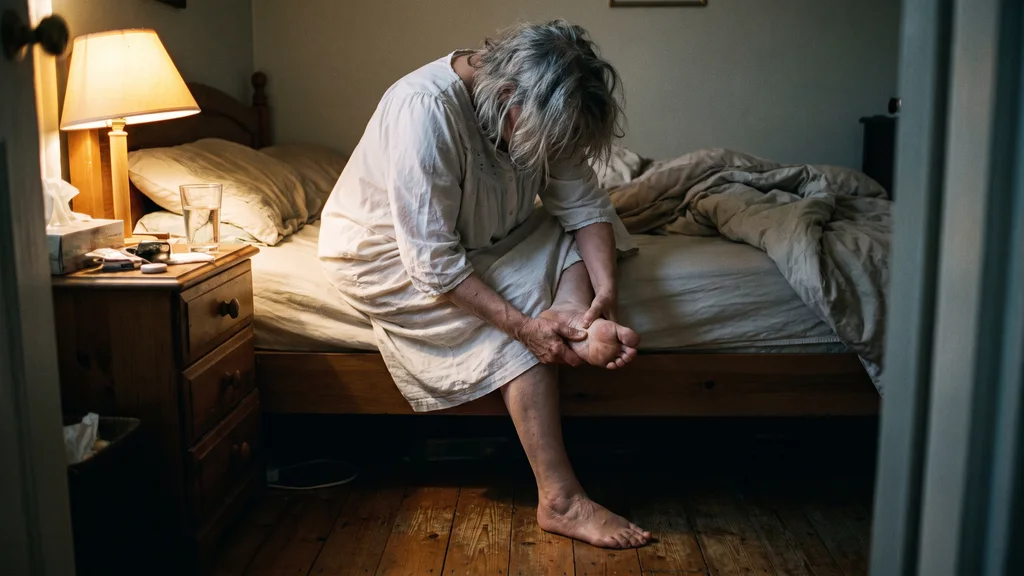 A woman sitting on the edge of her bed at night holding her bare foot